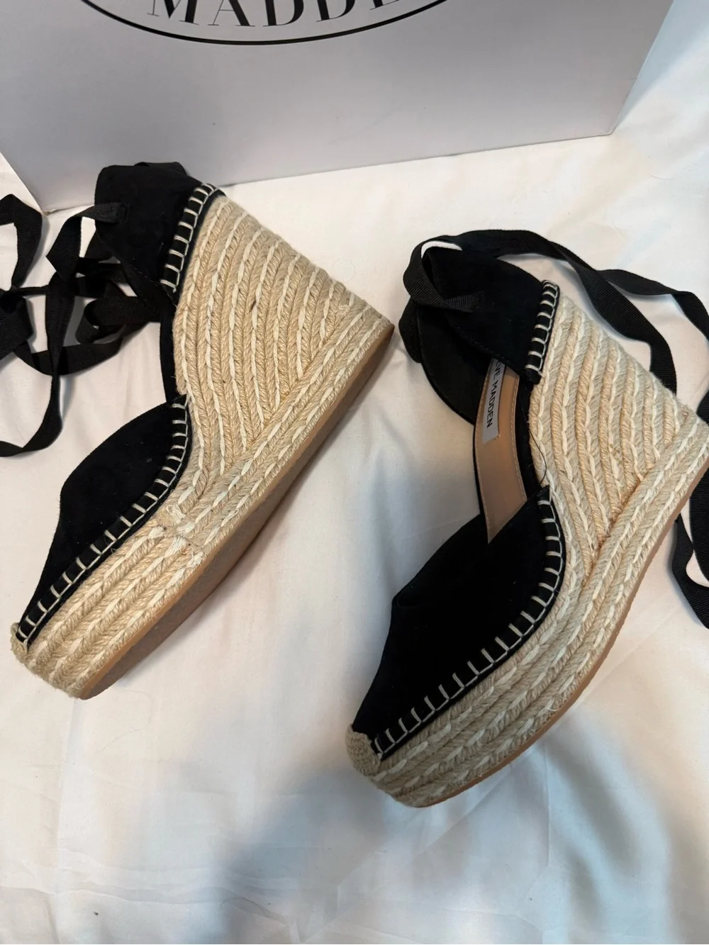 Steve Madden Black Suede Espadrille Wedge Sandals with Ankle Tie